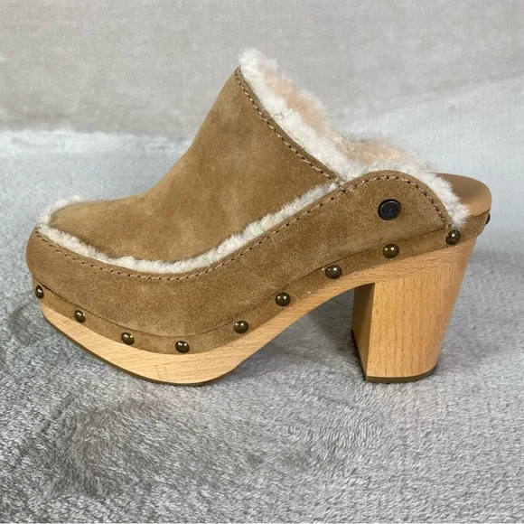 UGG Aubriana Mule Womens Heel Boots 5 Chestnut Suede Sheepskin Lined Studded NEW - Picture 2 of 13